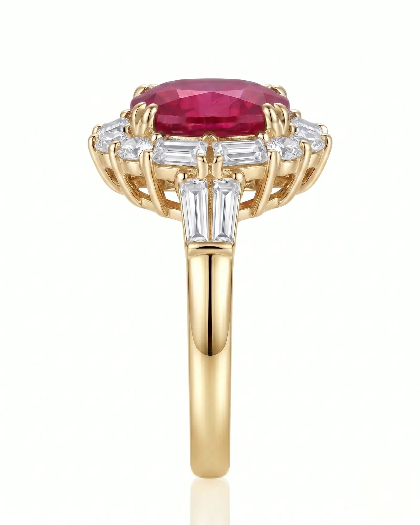 Pigeon blood ruby ring with geometric diamond halo in 18K yellow gold - SARATTI