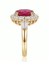Pigeon blood ruby ring with geometric diamond halo in 18K yellow gold - SARATTI
