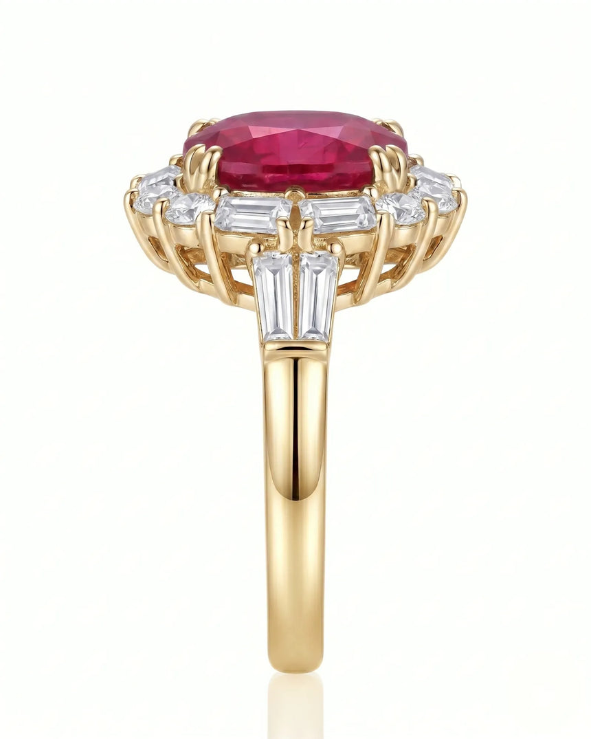 Pigeon blood ruby ring with geometric diamond halo in 18K yellow gold - SARATTI