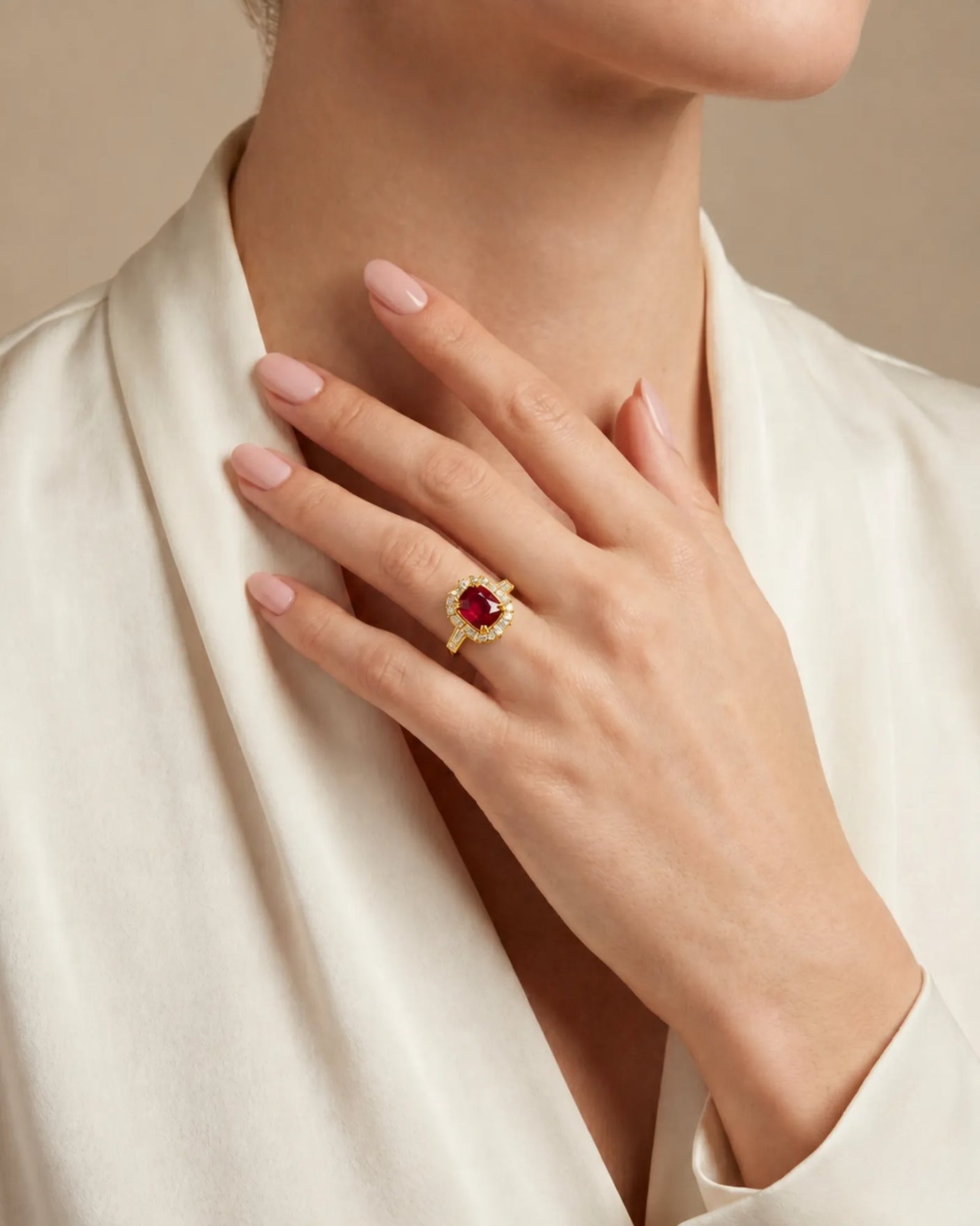 Pigeon blood ruby ring with geometric diamond halo in 18K yellow gold | SARATTI