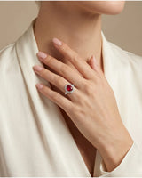Pigeon blood ruby ring with geometric diamond halo in two tone - SARATTI