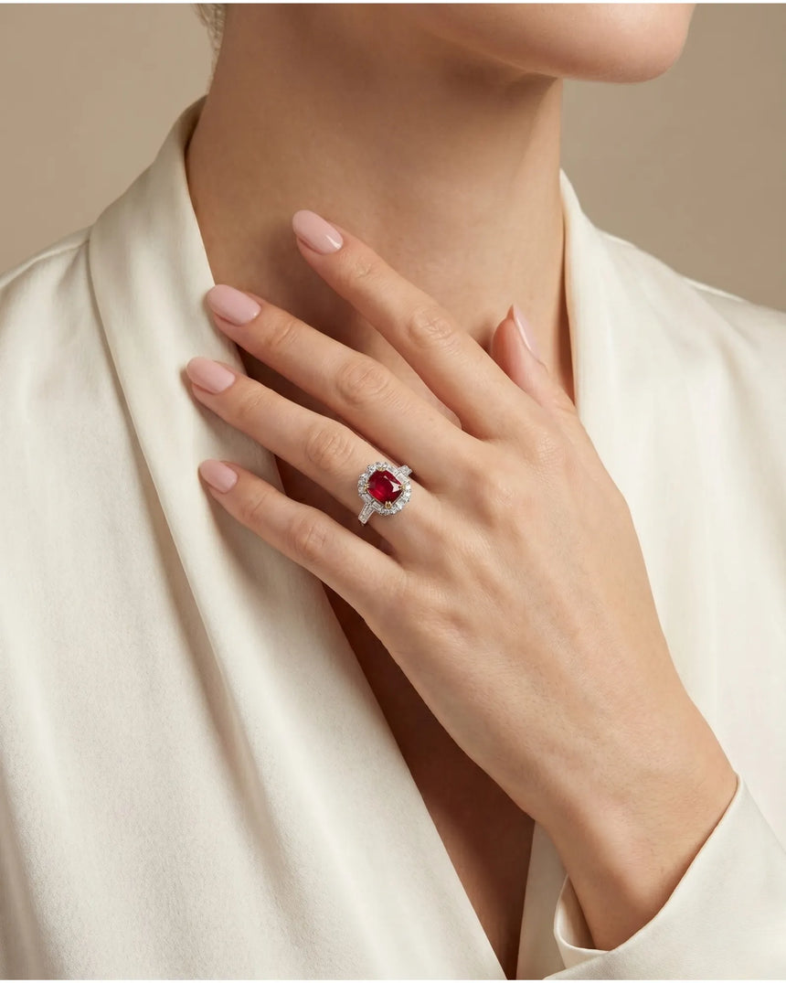 Pigeon blood ruby ring with geometric diamond halo in two tone - SARATTI