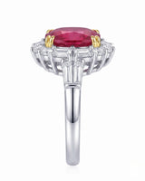 Pigeon blood ruby ring with geometric diamond halo in two tone | SARATTI