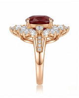 Pigeon blood ruby ring with pear and princess diamond petals in rose gold | SARATTI
