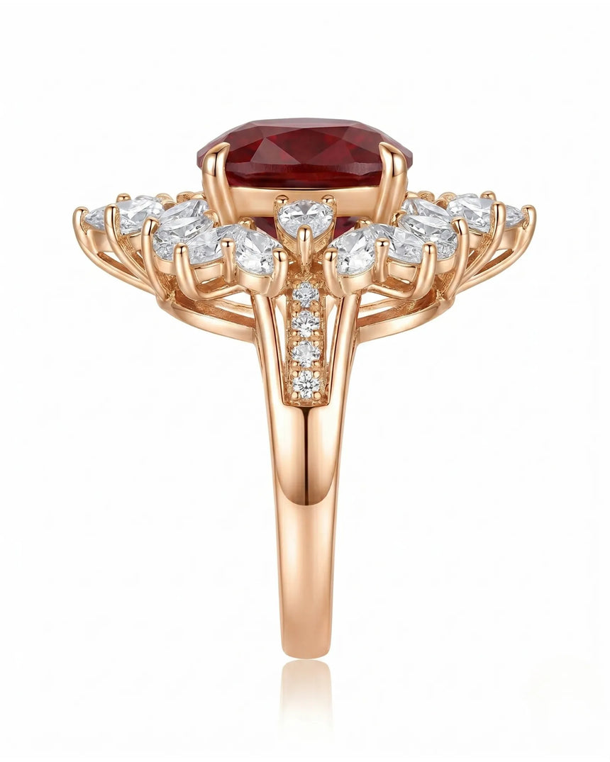 Pigeon blood ruby ring with pear and princess diamond petals in rose gold | SARATTI