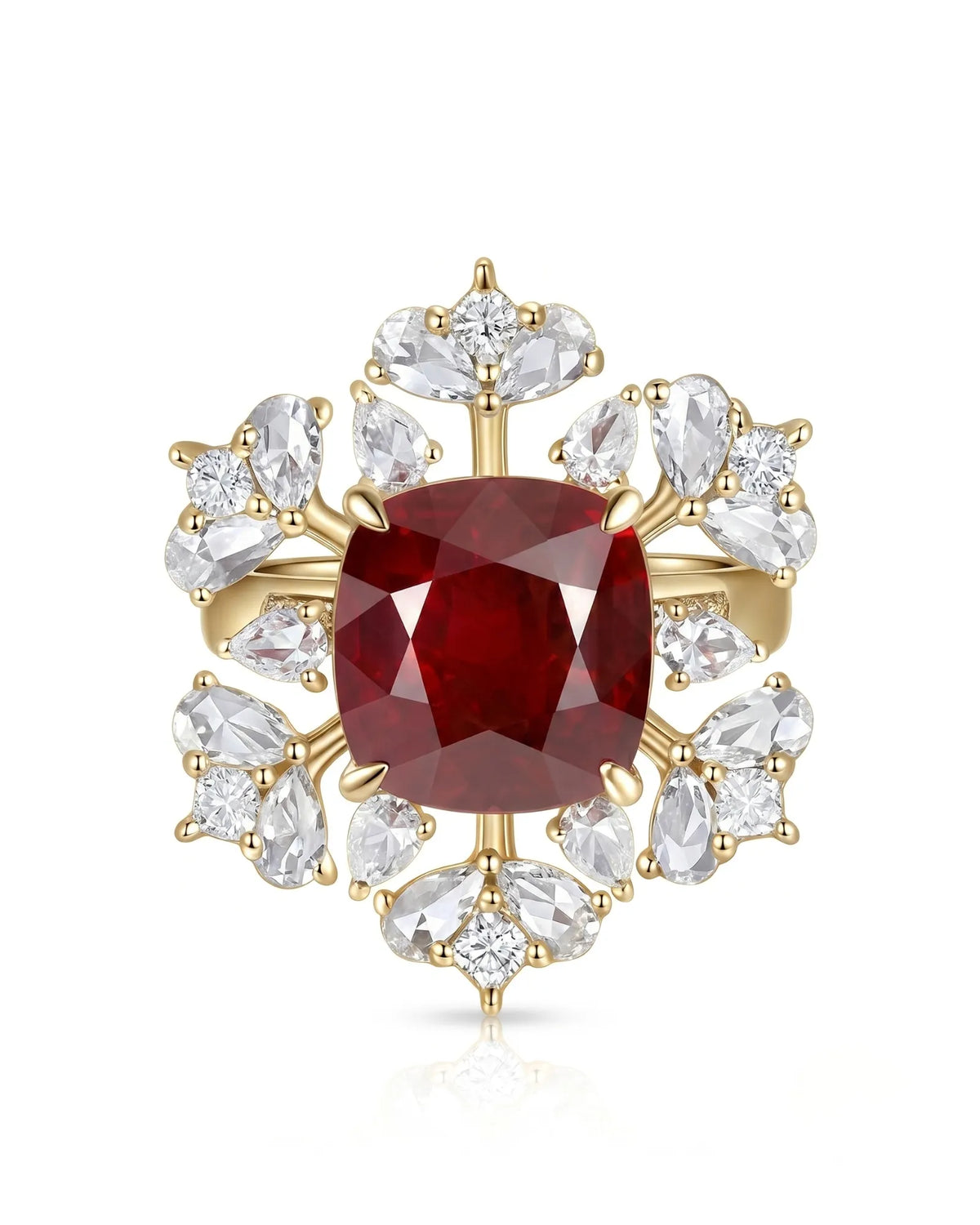Pigeon blood ruby ring with pear and princess diamond petals in yellow gold | SARATTI