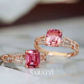 Diamond Bedecked Art Deco Design | Passion Seal Pink Tourmaline Engagement Ring  | Saratti Fine Jewelry