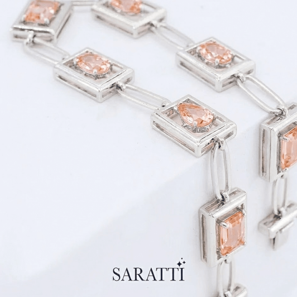 Pink Natural Gemstone in Platinum Bracelet - Morganite Bracelet - SARATTI