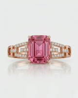 Pink emerald cut tourmaline ring with natural diamond accents in 18K rose gold | SARATTI
