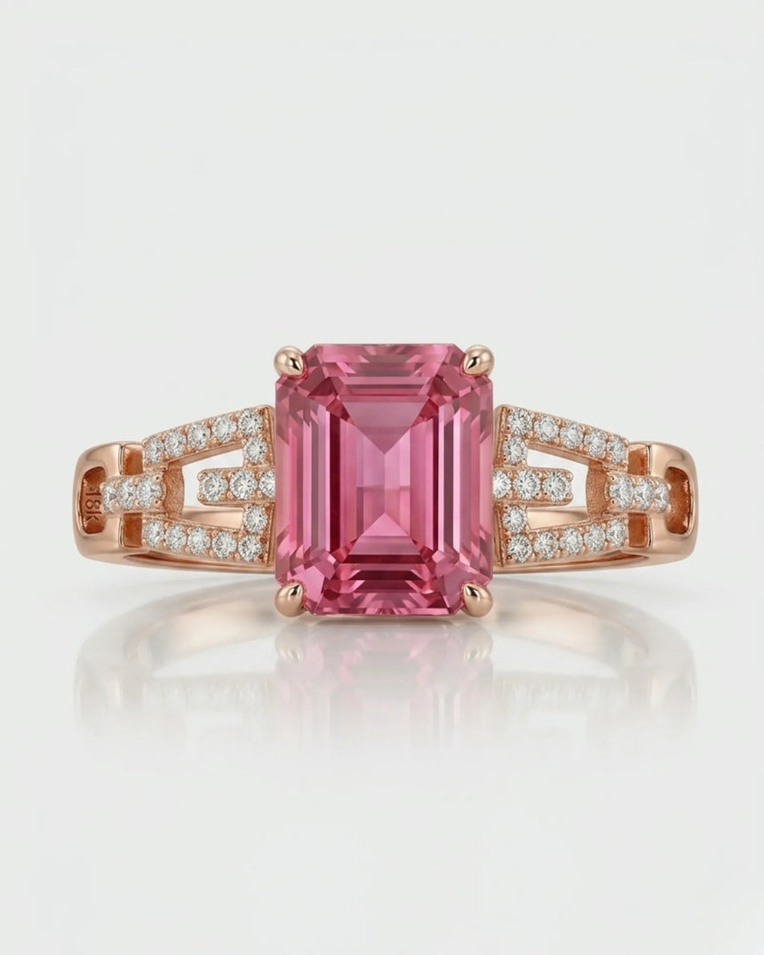 Pink emerald cut tourmaline ring with natural diamond accents in 18K rose gold | SARATTI