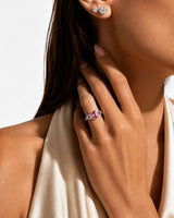 Pink emerald cut tourmaline ring with natural diamond accents in 18K white gold | SARATTI