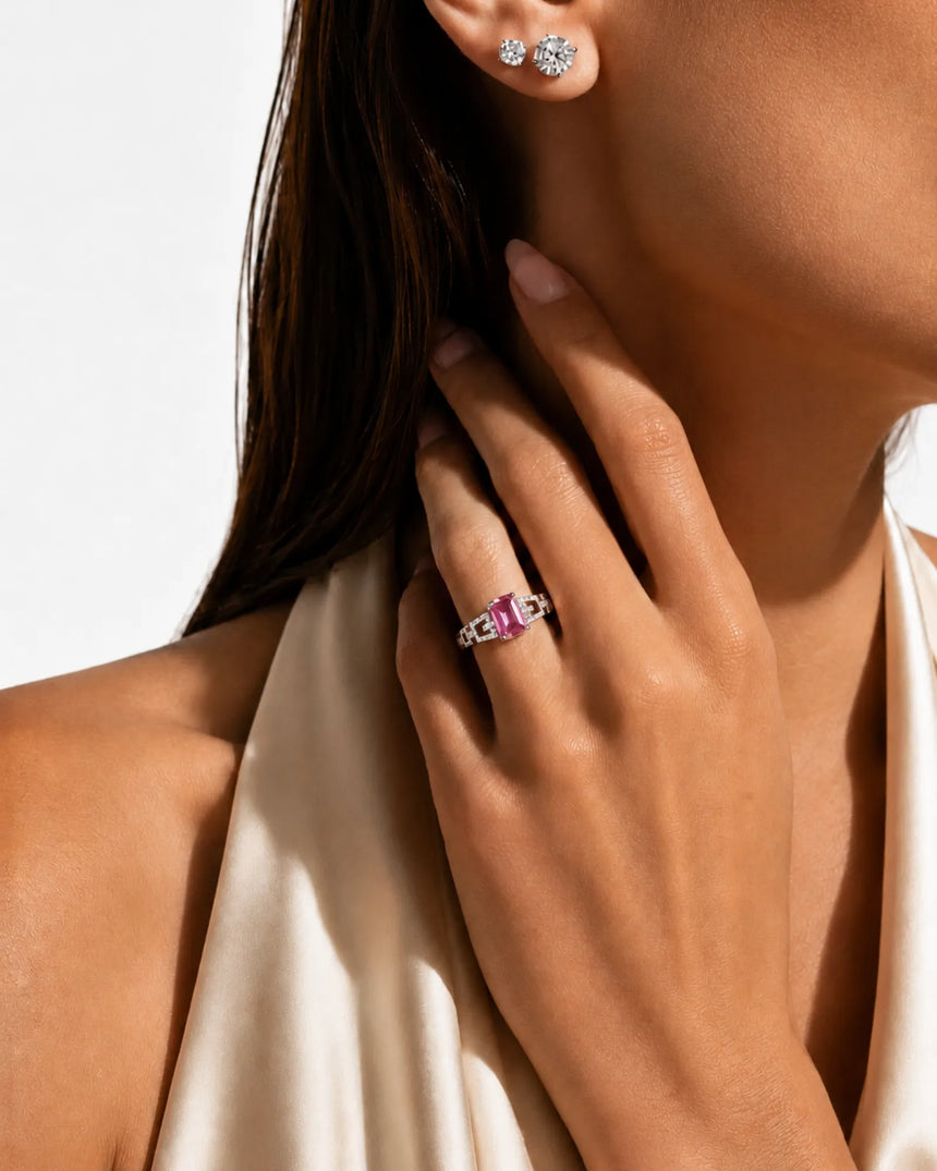 Pink emerald cut tourmaline ring with natural diamond accents in 18K white gold | SARATTI