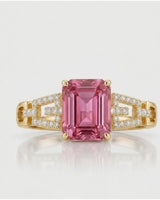 Pink emerald cut tourmaline ring with natural diamond accents in 18K yellow gold | SARATTI