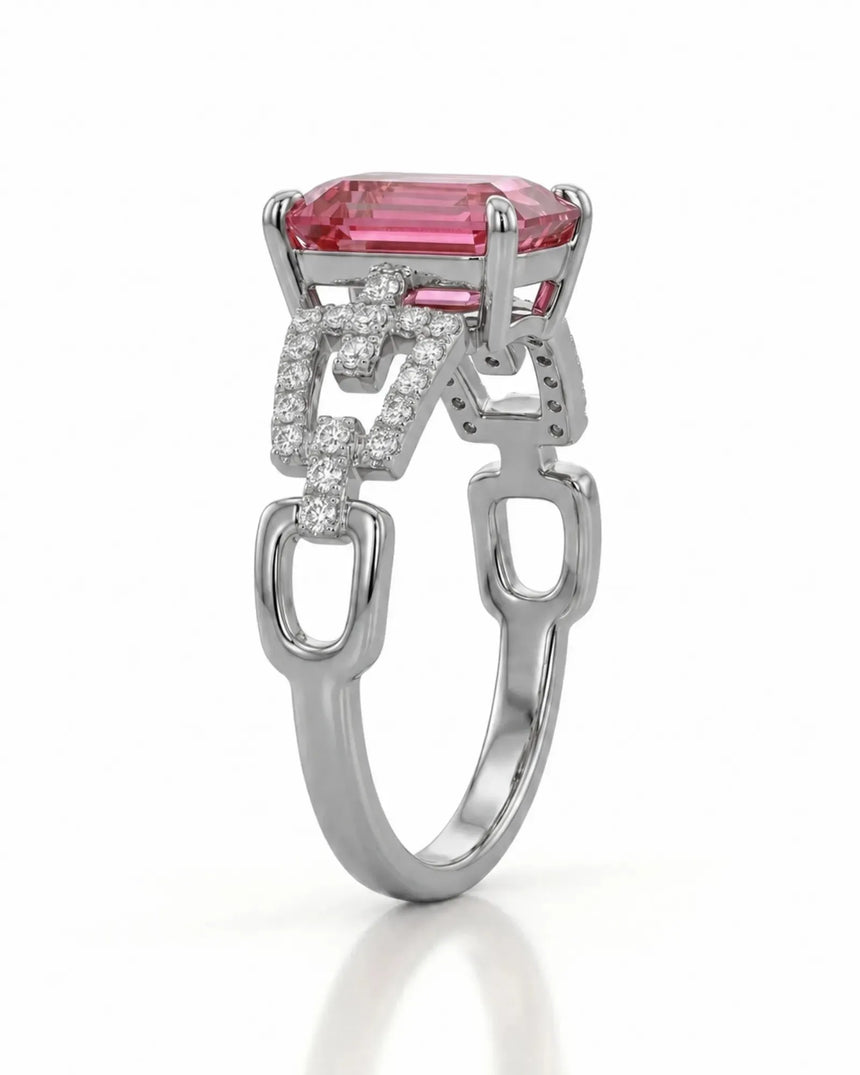 Pink emerald cut tourmaline ring with natural diamond accents in platinum | SARATTI