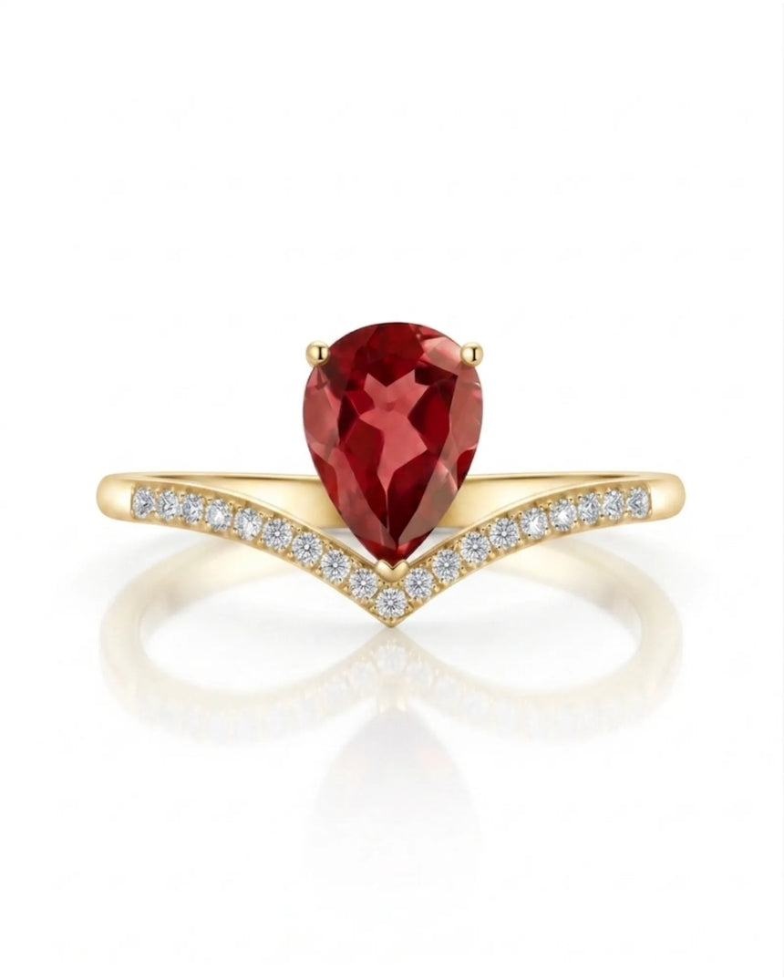 Pink pear tourmaline ring with curved diamond V shank in 18K yellow gold - SARATTI