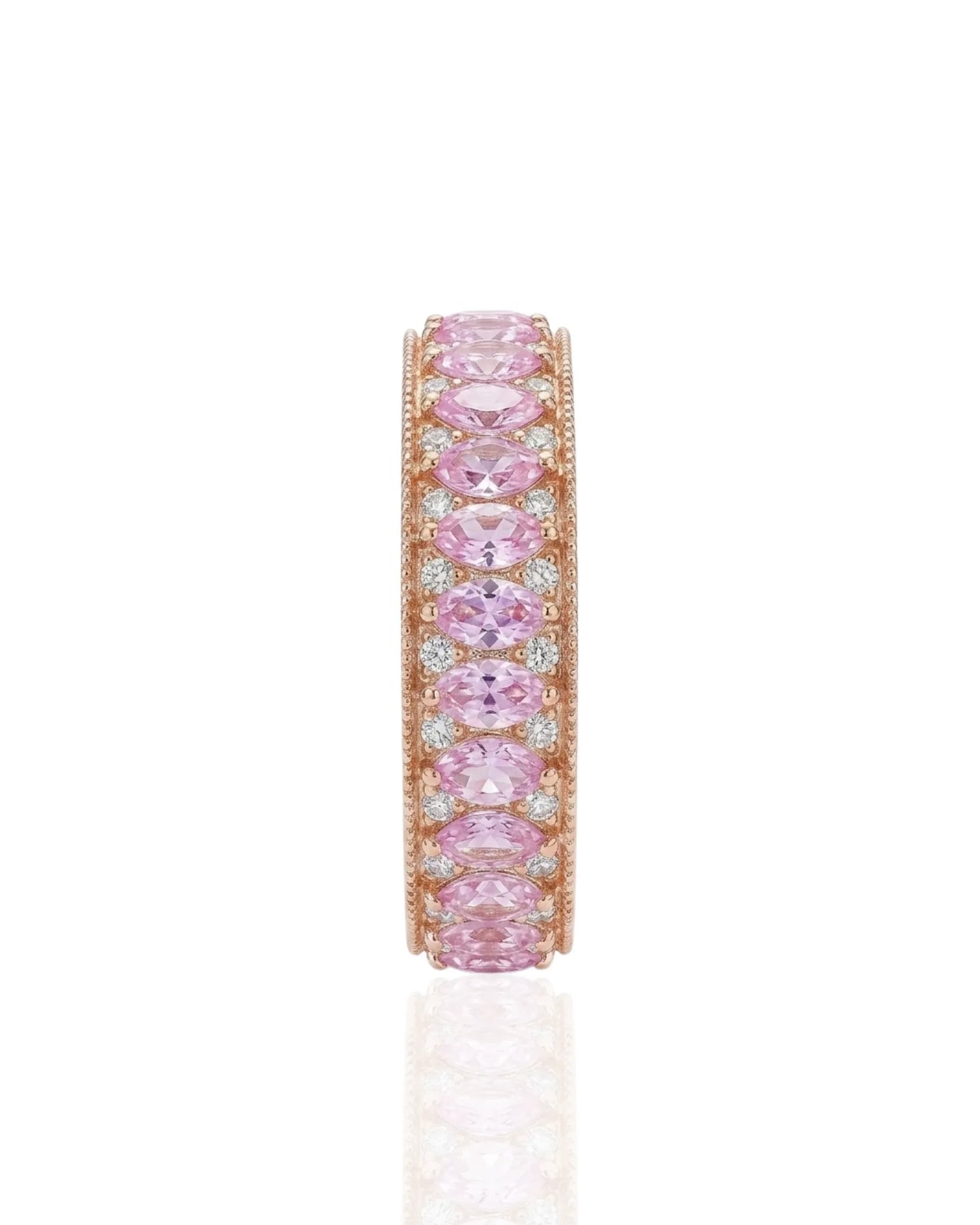 Pink sapphire and diamond gift band with feminine vintage detail in 14K rose gold | SARATTI