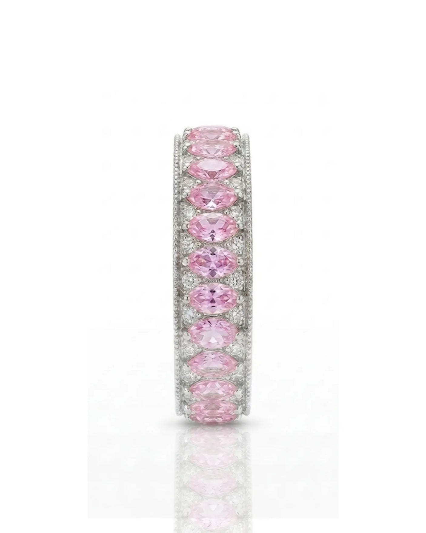 Pink sapphire and diamond wedding band with romantic vintage detail in 14K white gold | SARATTI
