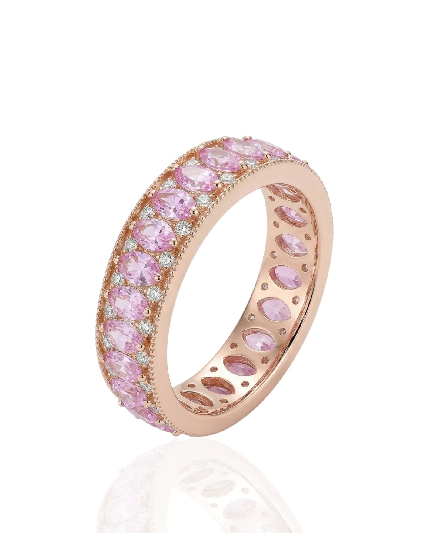 Pink sapphire band with marquise gemstones and round diamonds in 14K rose gold | SARATTI