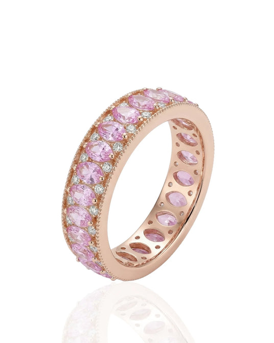 Pink sapphire band with marquise gemstones and round diamonds in 14K rose gold | SARATTI