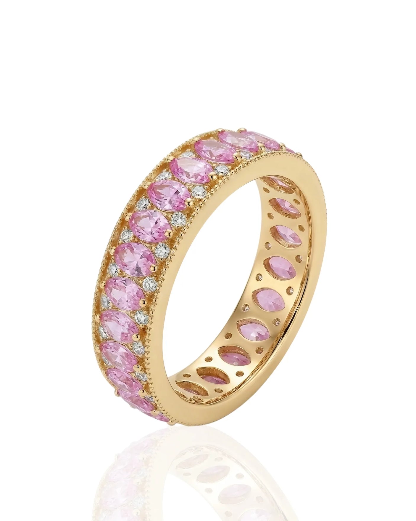 Pink sapphire band with marquise gemstones and round diamonds in 14K yellow gold | SARATTI