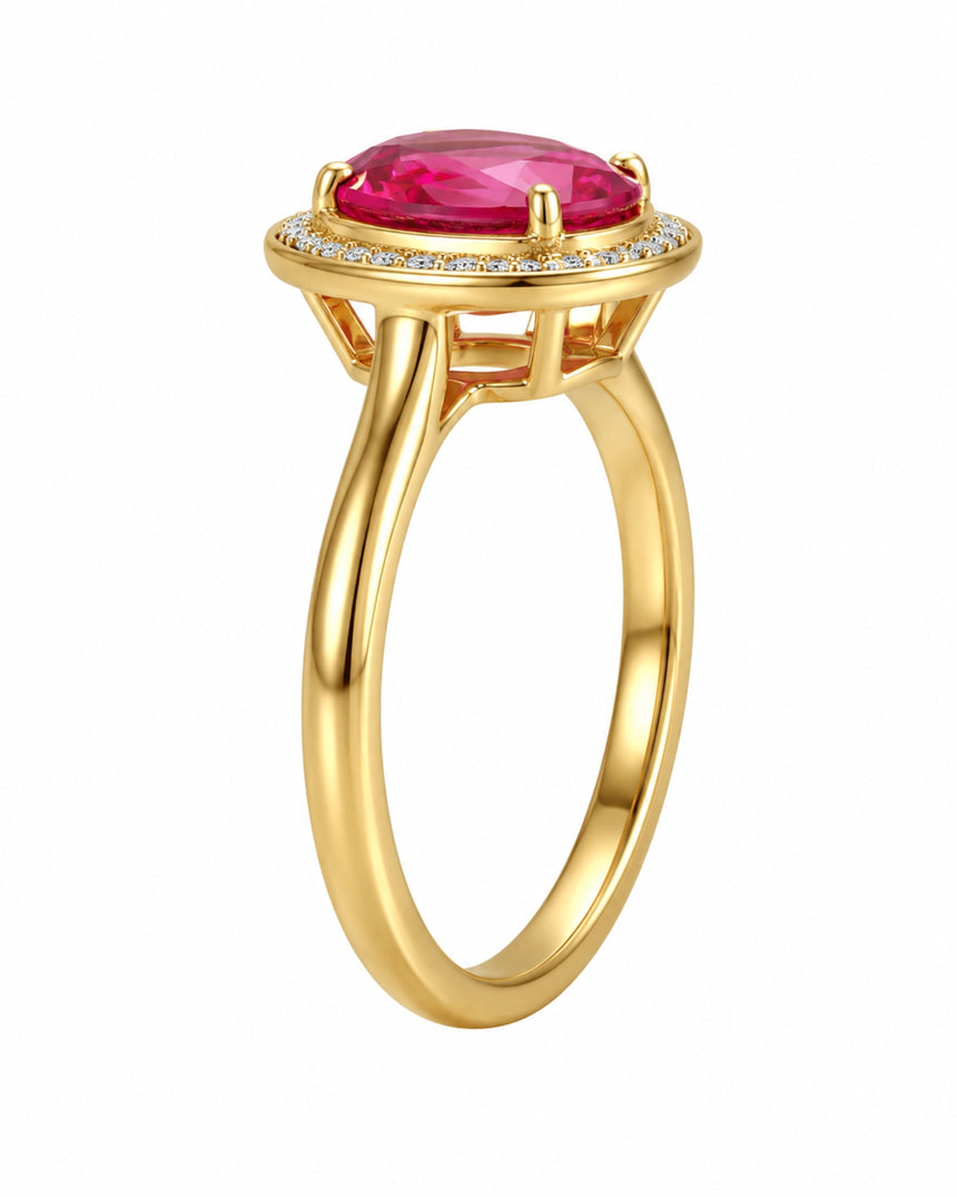Pink tourmaline anniversary ring with diamond halo in elegant 18K Yellow Gold | SARATTI