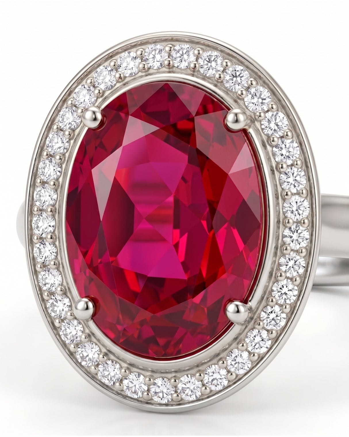 Pink tourmaline anniversary ring with diamond halo in refined Platinum | SARATTI