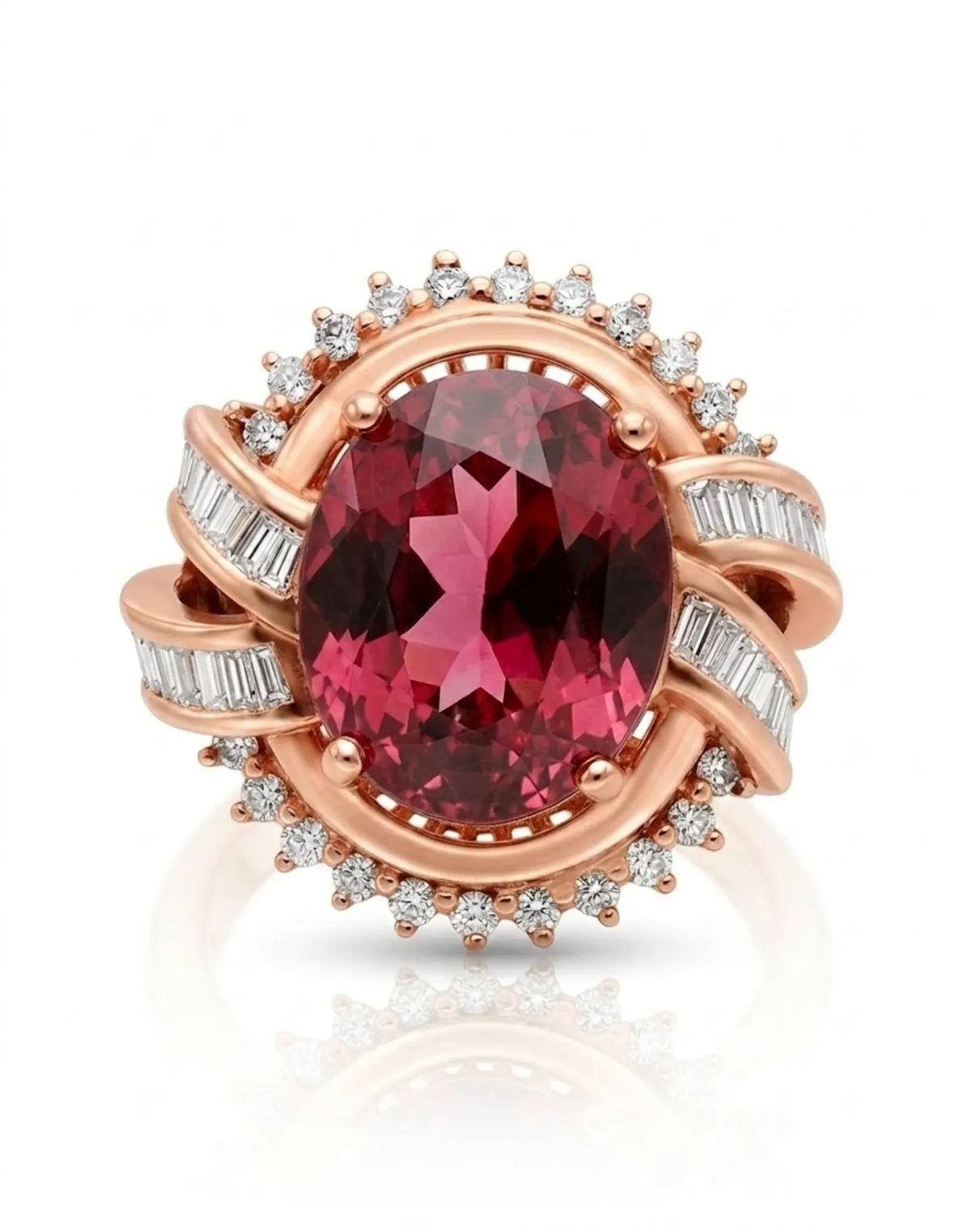 Pink tourmaline engagement ring with T-shaped diamond design in 18K rose gold | SARATTI
