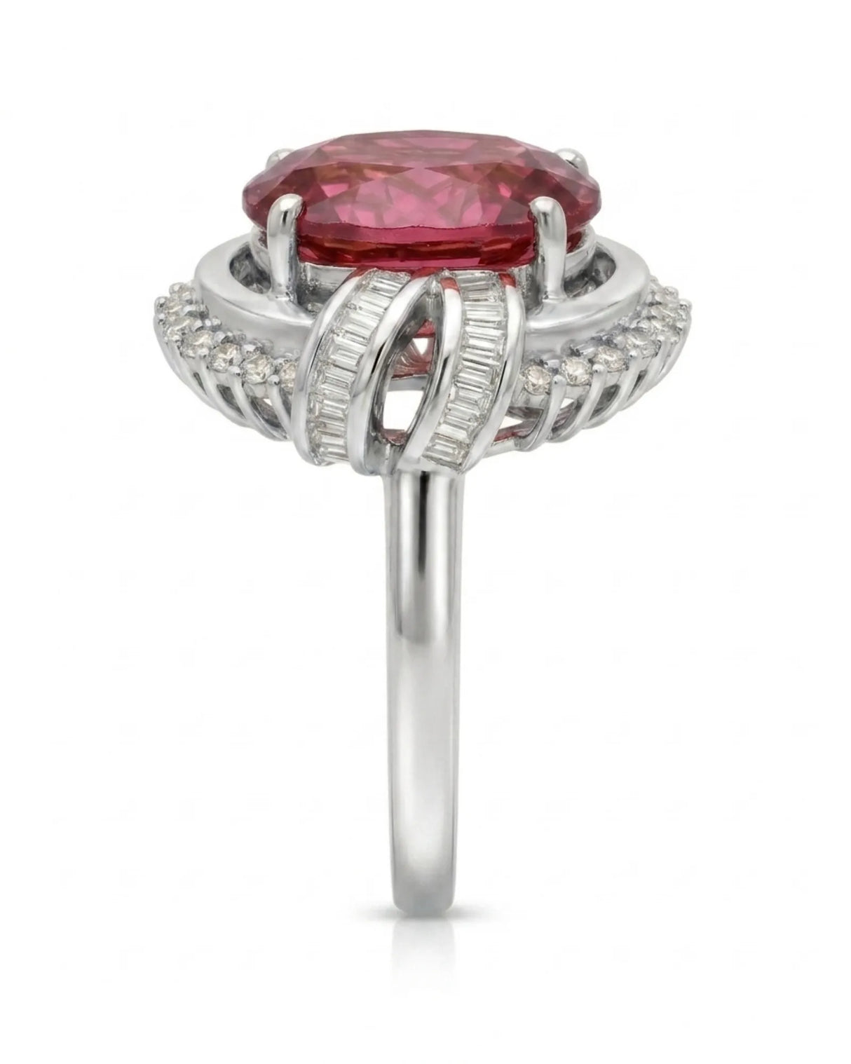 Pink tourmaline engagement ring with T-shaped diamond design in 18K white gold | SARATTI