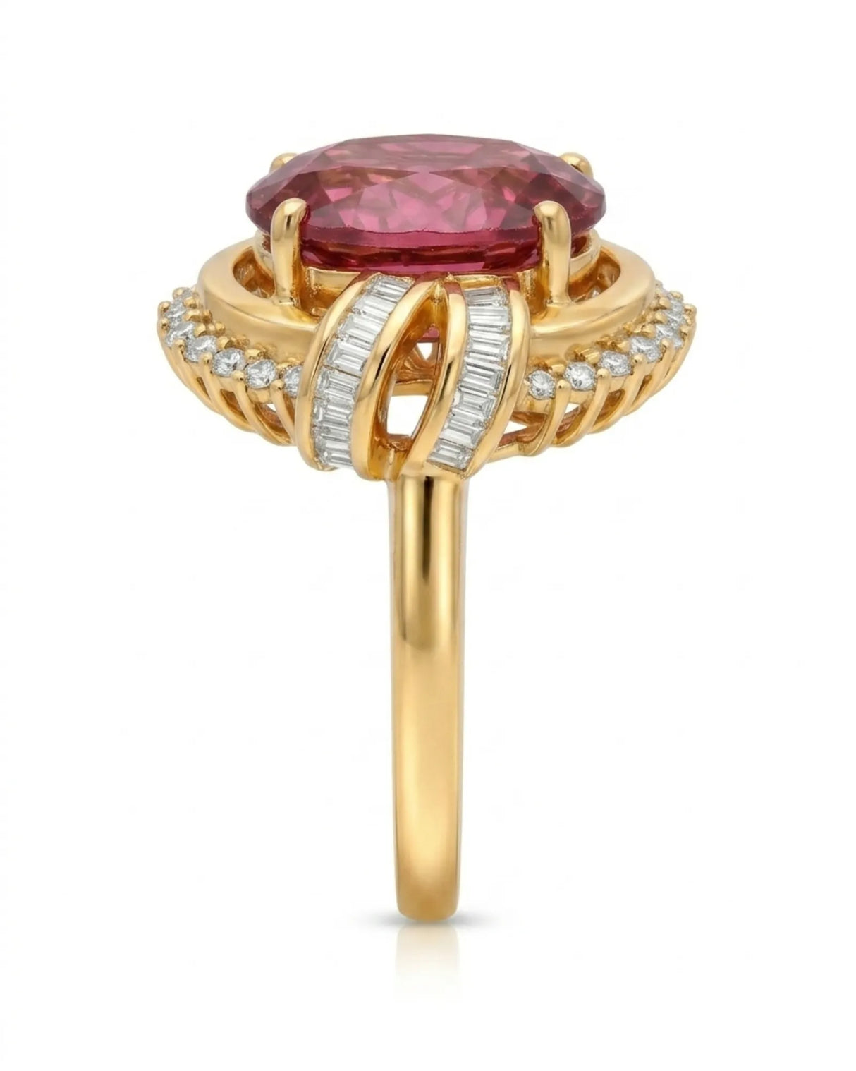 Pink tourmaline engagement ring with T-shaped diamond design in 18K yellow gold | SARATTI