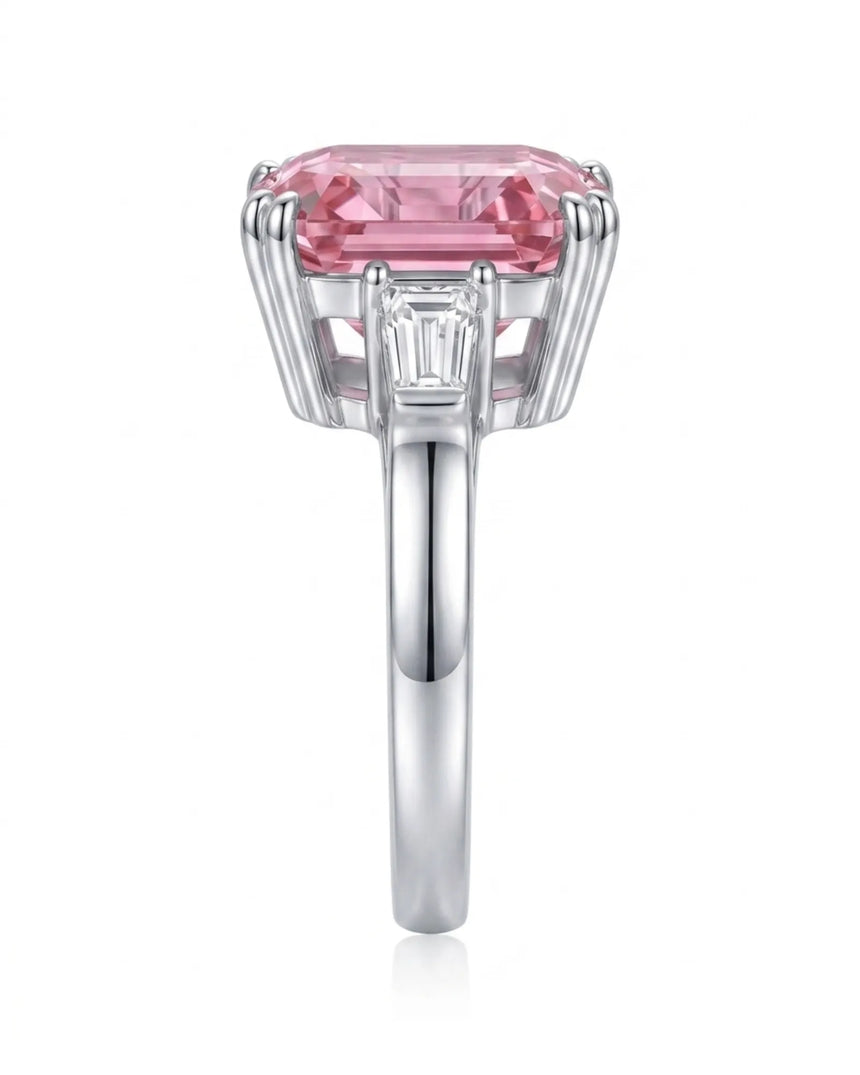 Pink tourmaline engagement ring with baguette diamond side stones in 18K white gold | SARATTI
