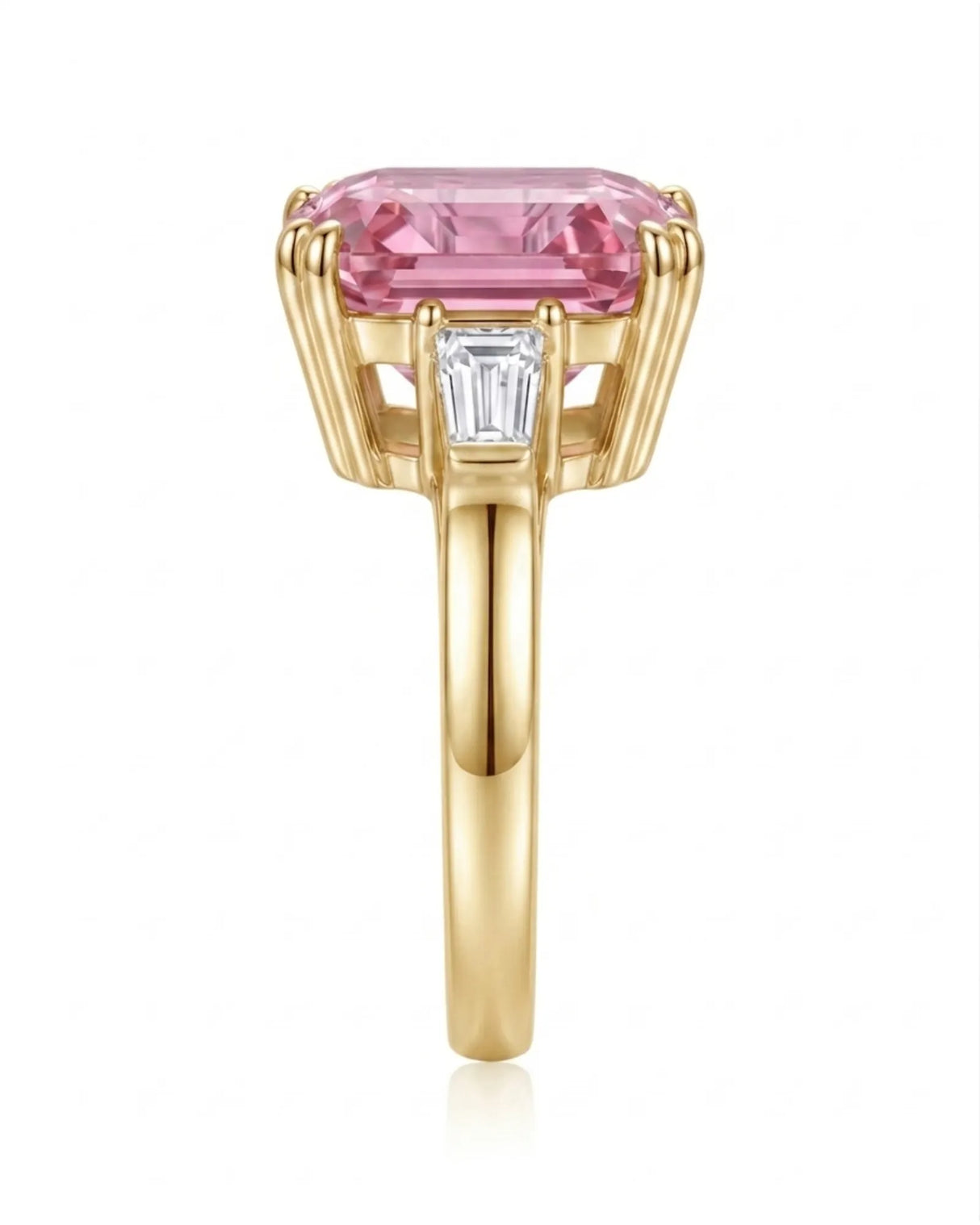 Pink tourmaline engagement ring with baguette diamond side stones in 18K yellow gold | SARATTI