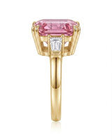 Pink tourmaline engagement ring with baguette diamond side stones in 18K yellow gold | SARATTI