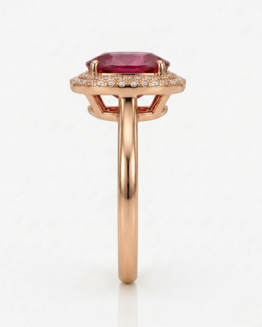 Pink tourmaline engagement ring with double diamond halo in 18K rose gold | SARATTI
