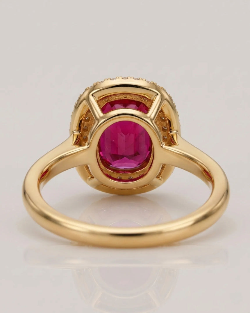Pink tourmaline engagement ring with double diamond halo in 18K yellow gold | SARATTI