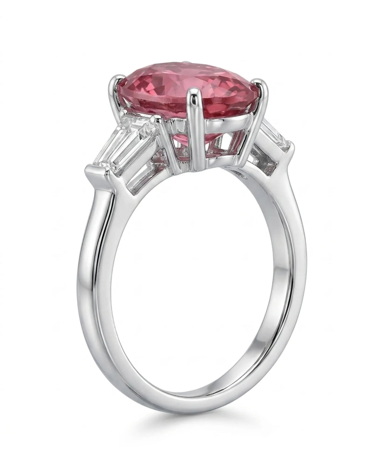 Pink tourmaline engagement ring with geometric diamond side stones in white gold | SARATTI