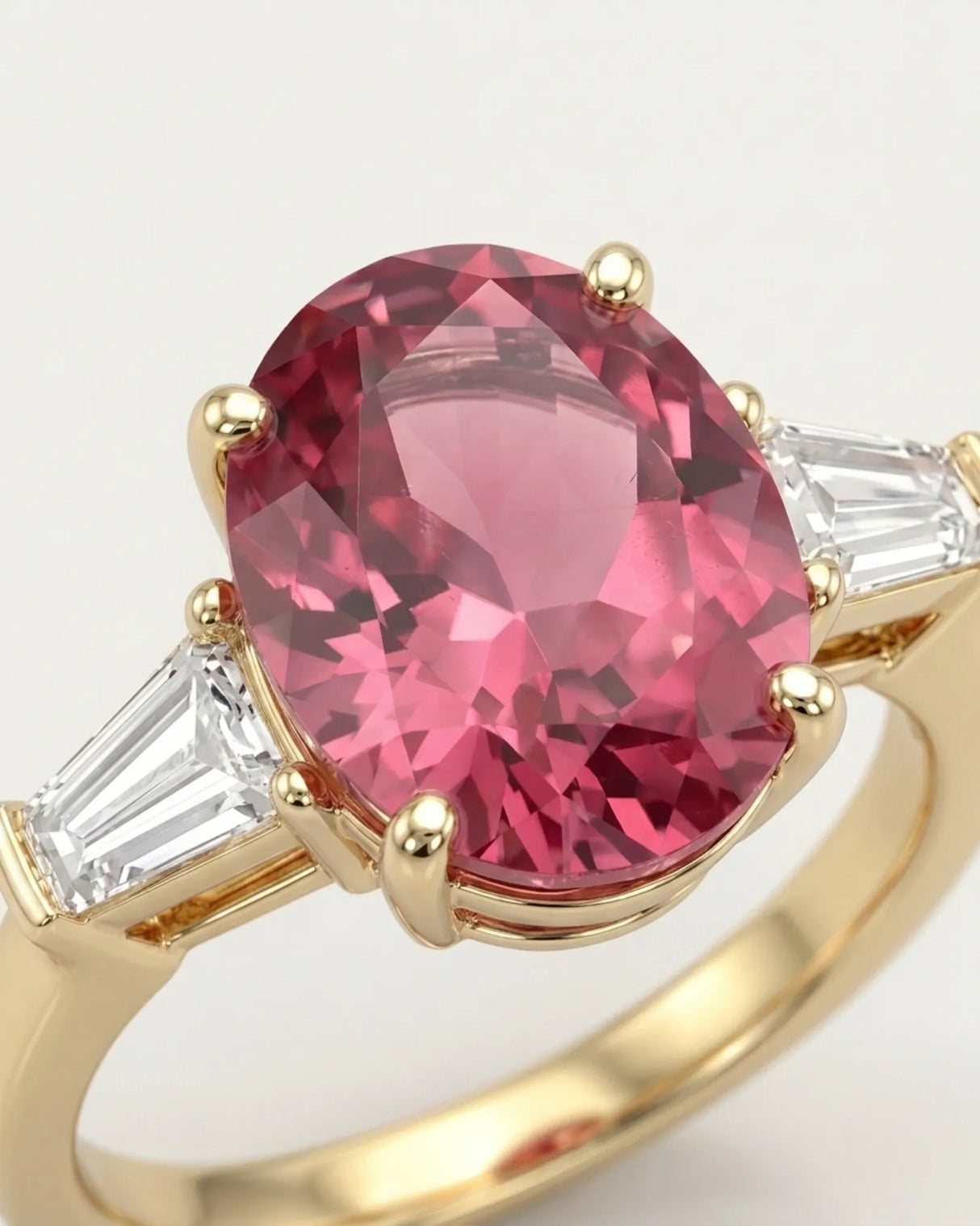 Pink tourmaline engagement ring with geometric diamond side stones in yellow gold | SARATTI