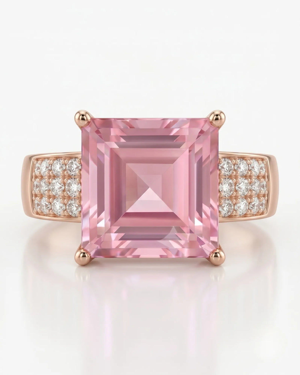 Pink tourmaline engagement ring with three-row diamond shoulders in 18K rose gold | SARATTI