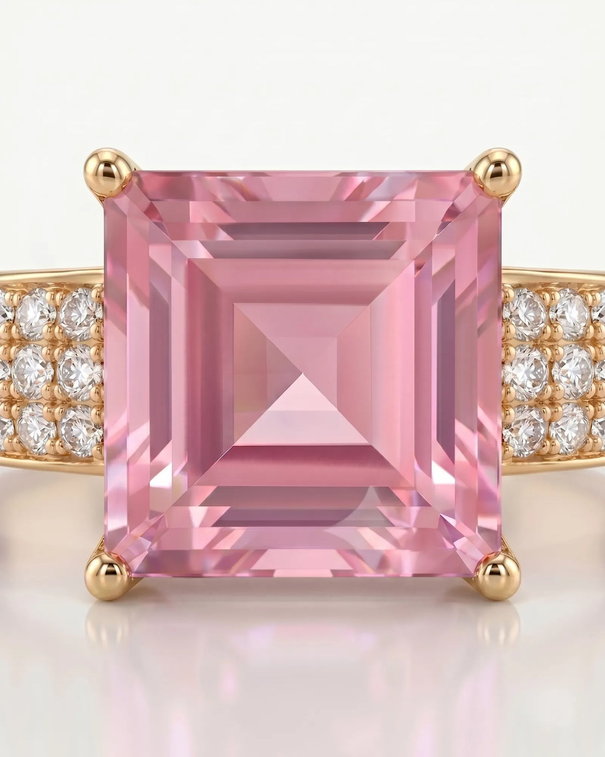 Pink tourmaline engagement ring with three-row diamond shoulders in 18K yellow gold - SARATTI