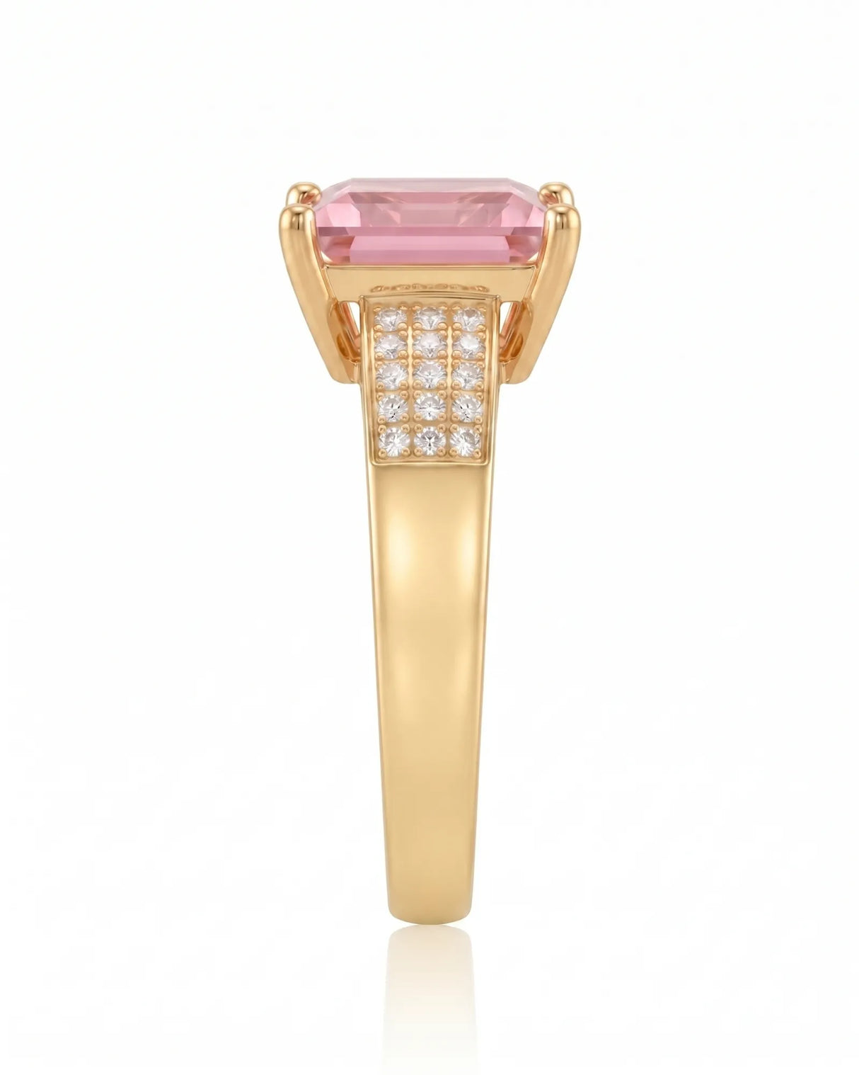 Pink tourmaline engagement ring with three-row diamond shoulders in 18K yellow gold | SARATTI