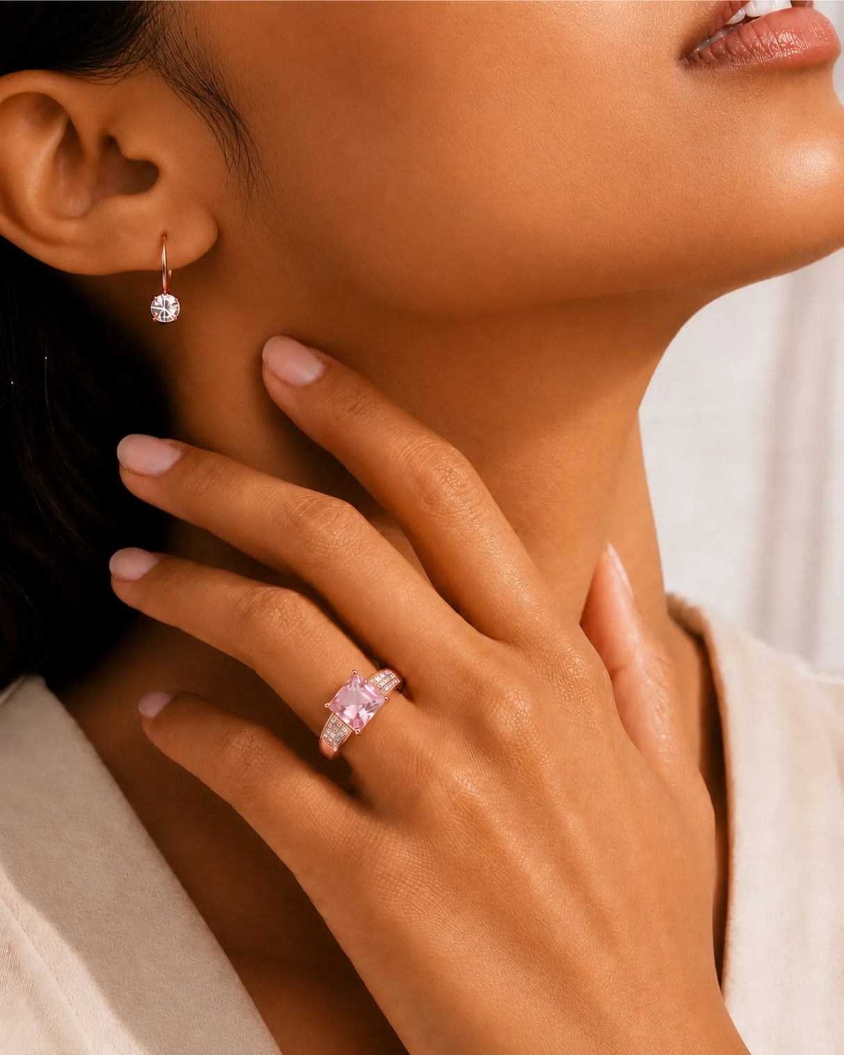 Pink tourmaline engagement ring with three-row diamond shoulders in polished platinum | SARATTI