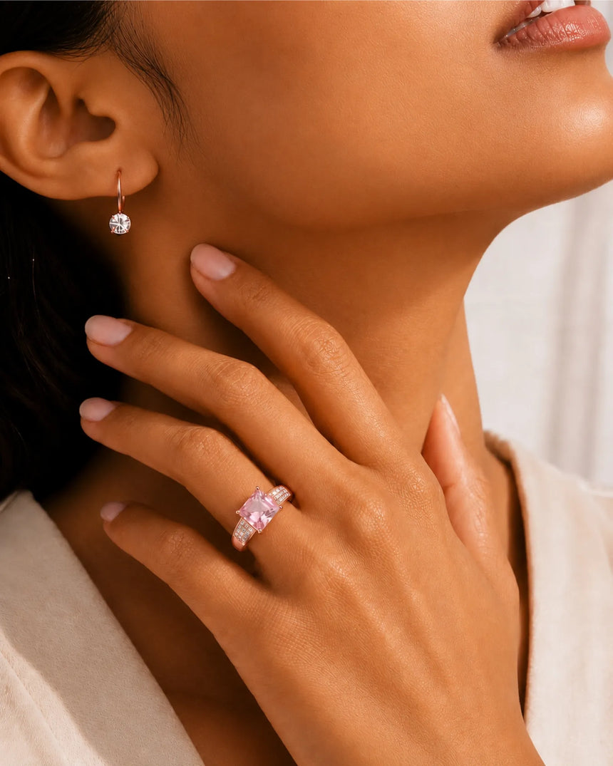 Pink tourmaline engagement ring with three-row diamond shoulders in polished platinum | SARATTI