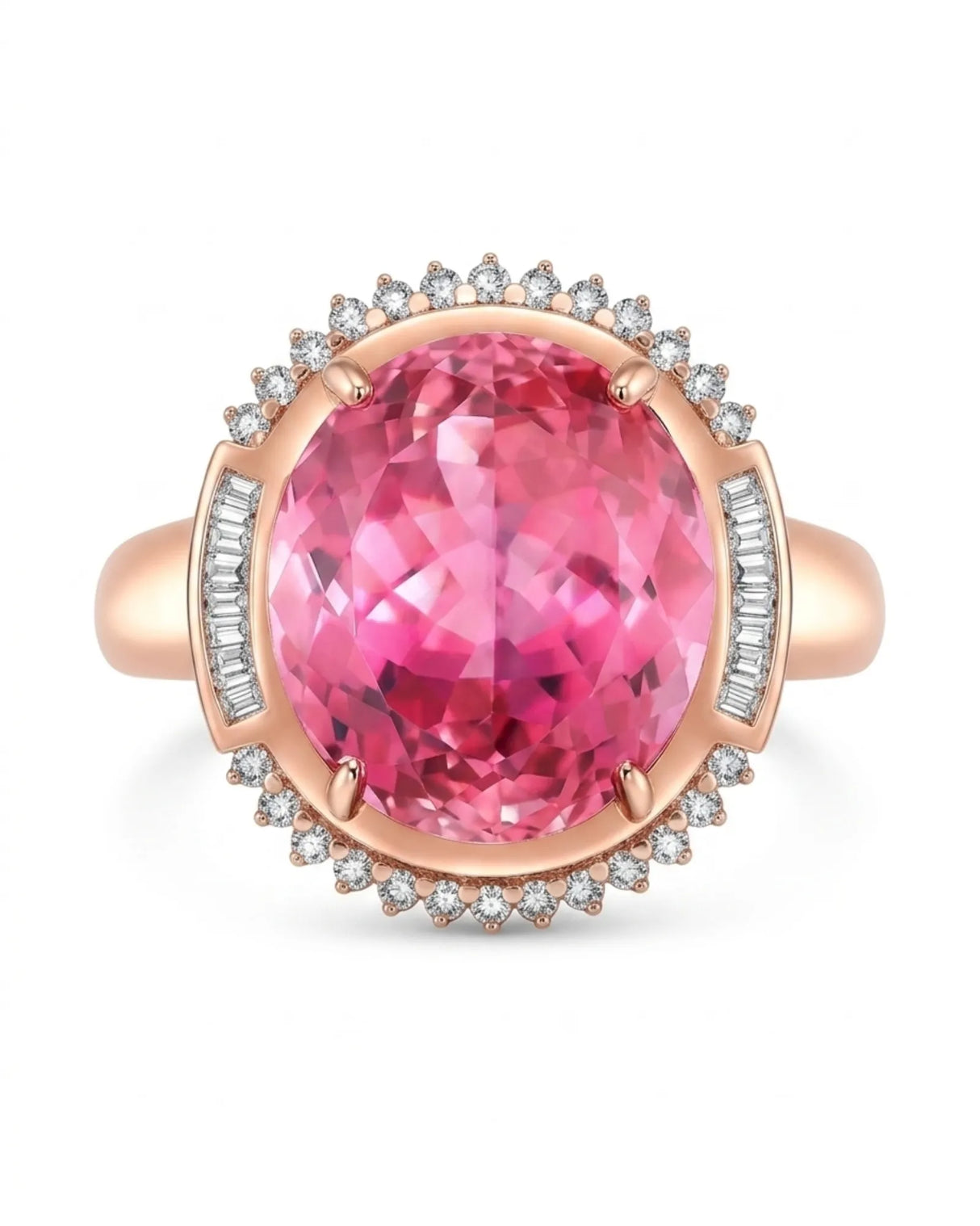 Pink tourmaline halo ring with sparkling diamond accents and 18K rose gold setting | SARATTI