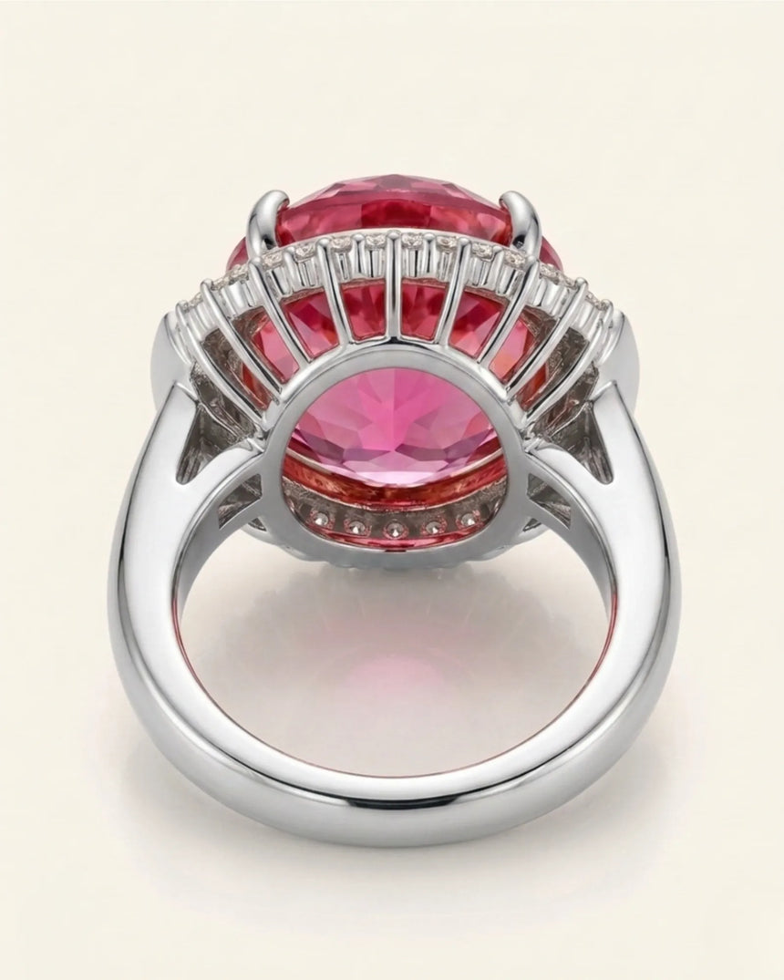 Pink tourmaline halo ring with sparkling diamond accents and timeless platinum design | SARATTI
