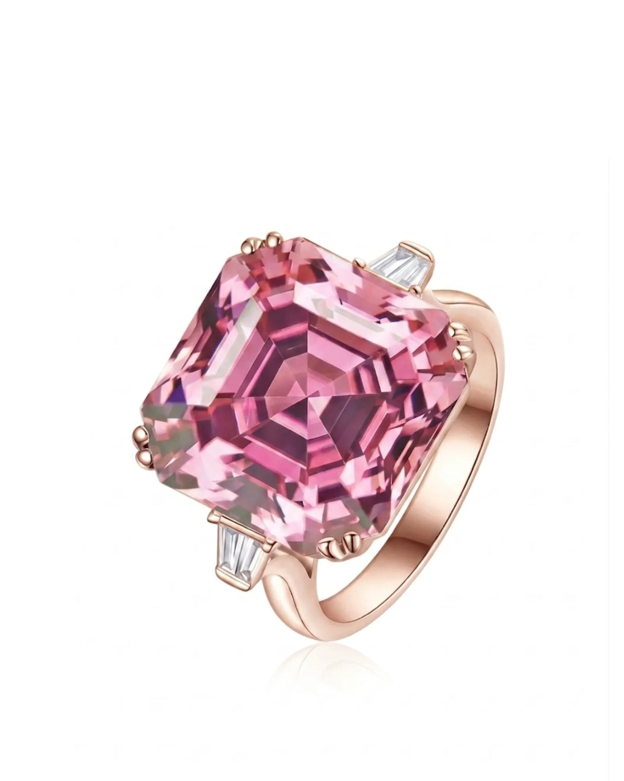 Pink tourmaline ring with emerald-cut center stone and baguette diamonds in 18K rose gold | SARATTI