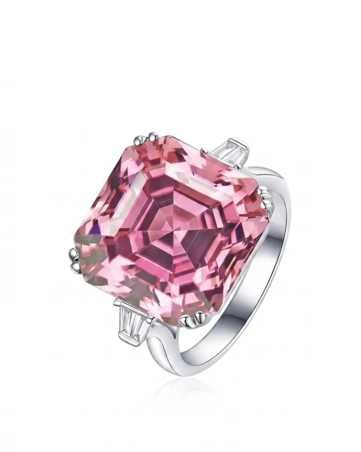 Pink tourmaline ring with emerald-cut center stone and baguette diamonds in 18K white gold | SARATTI
