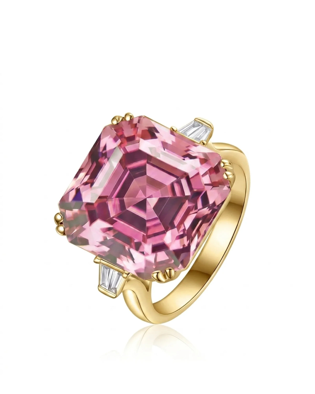 Pink tourmaline ring with emerald-cut center stone and baguette diamonds in 18K yellow gold | SARATTI