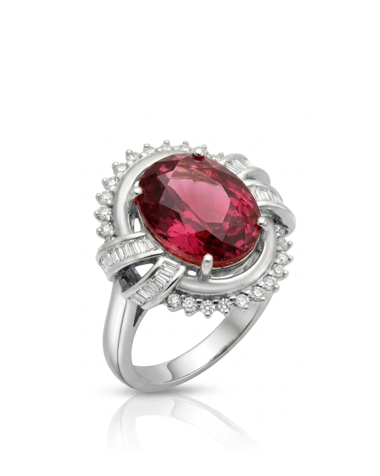 Pink tourmaline ring with oval center stone and T-shaped diamonds in polished platinum | SARATTI