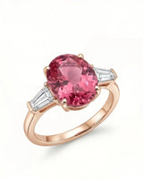 Pink tourmaline ring with oval center stone and emerald-cut diamonds in 18K rose gold | SARATTI