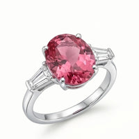 Tourmaline Ring & Diamonds Three Stone Set In 18K White Gold
