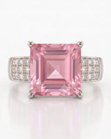 Pink tourmaline ring with princess-cut center stone and three-row diamonds in 18K white gold | SARATTI